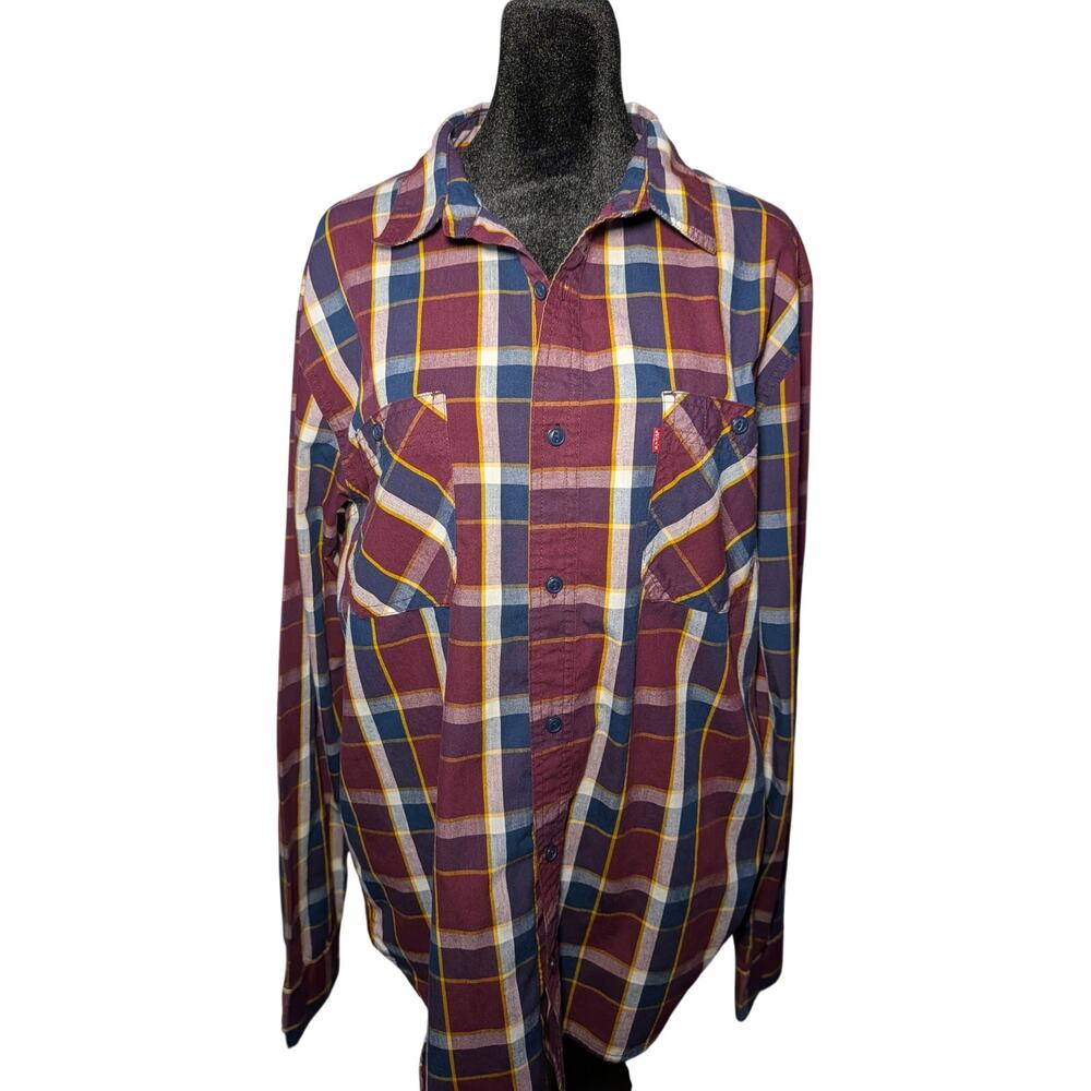 Levi's Men's Large Plaid Flannel Shirt Burgundy Navy Yellow Cotton Blend L